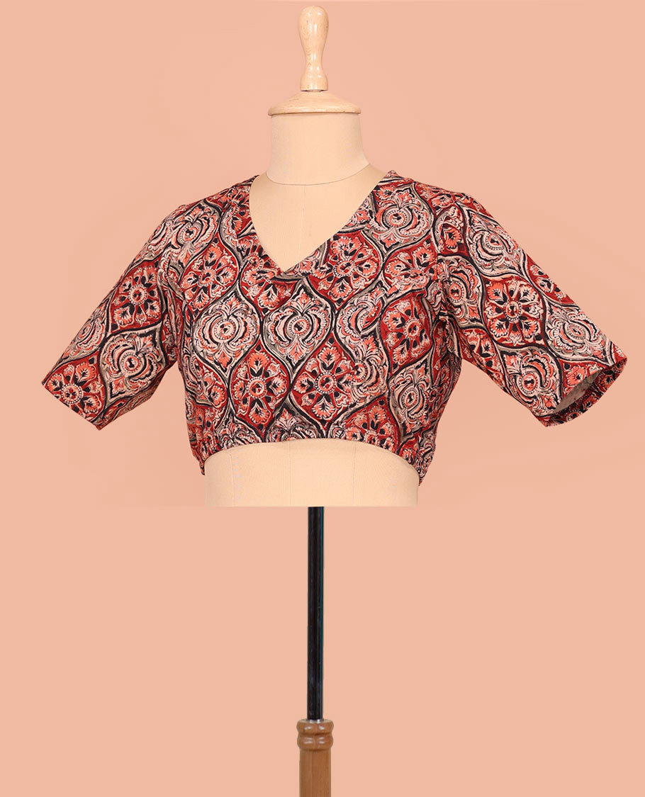 Light Red Cotton Readymade Blouse Accentuated with Ogee Patterns Print, Featuring a Front V-Neck, a Closed Back Neck, and Elbow Sleeves