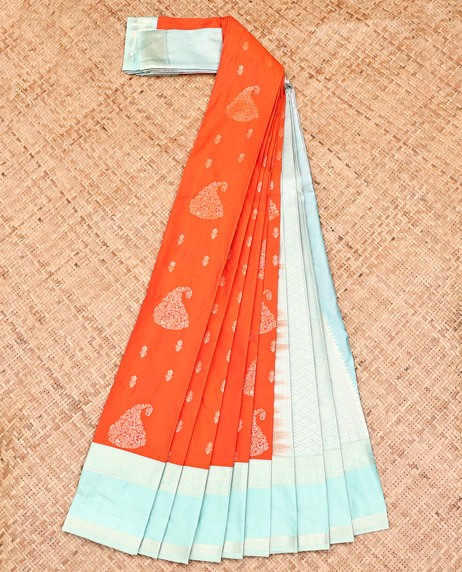 Orange Budget Silk Saree, Mesmerized with Zari Buttas, Captivating Contrast Traditional Zari Design Rettai Pettu Border, Grand Pallu, and Has a Contrast Blouse
