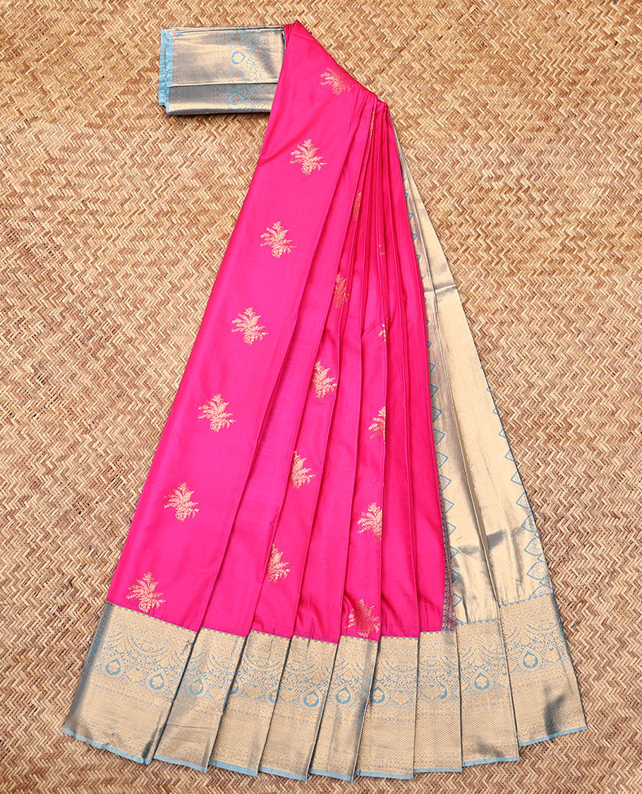 Pink Budget Silk Saree, Featuring Zari Buttas, Complemented by Contrast Traditional Zari Border, an Intricate Pallu and a Contrast Blouse