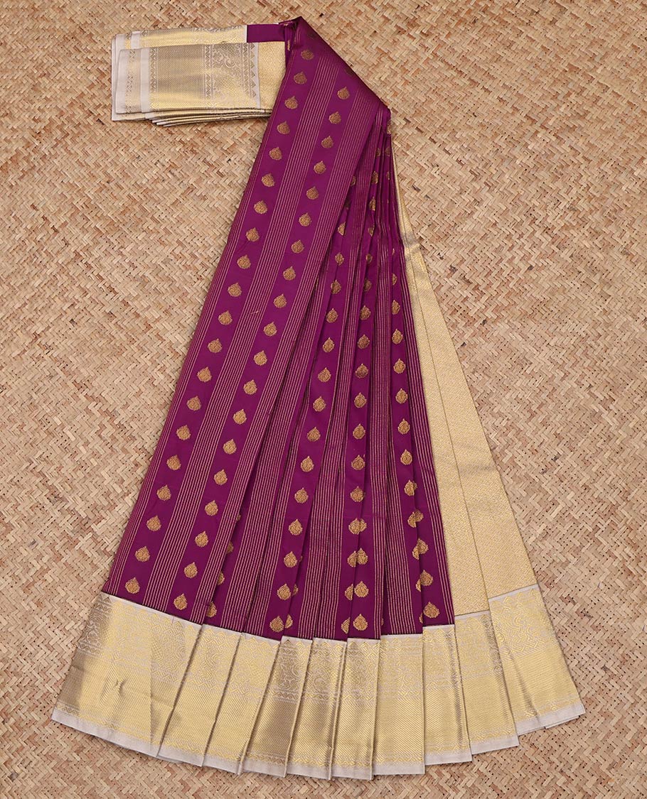 Light Purple Budget Silk Saree, Ornamented with Zari Buttas and Zari Stripes on Its Body, Complemented by a Contrast Traditional Zari Design Border, Gleaming Pallu, and Paired with a Contrast Blouse