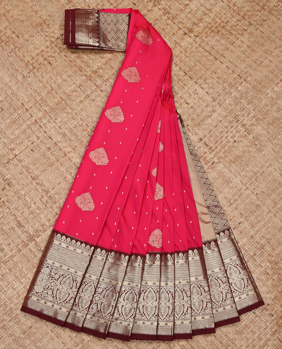Pink Budget Silk Saree, Woven with Zari Buttas on Its Body, Complemented by a Contrast Traditional Zari Design Border, Grand Jaal Pallu, and Paired with a Contrast Blouse