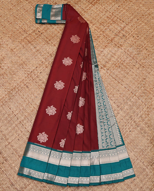 Maroon Budget Silk Saree, Decorated with Zari Buttas, Complemented by Contrast Traditional Rettai Pettu Border, Grand Pallu and a Contrast Blouse