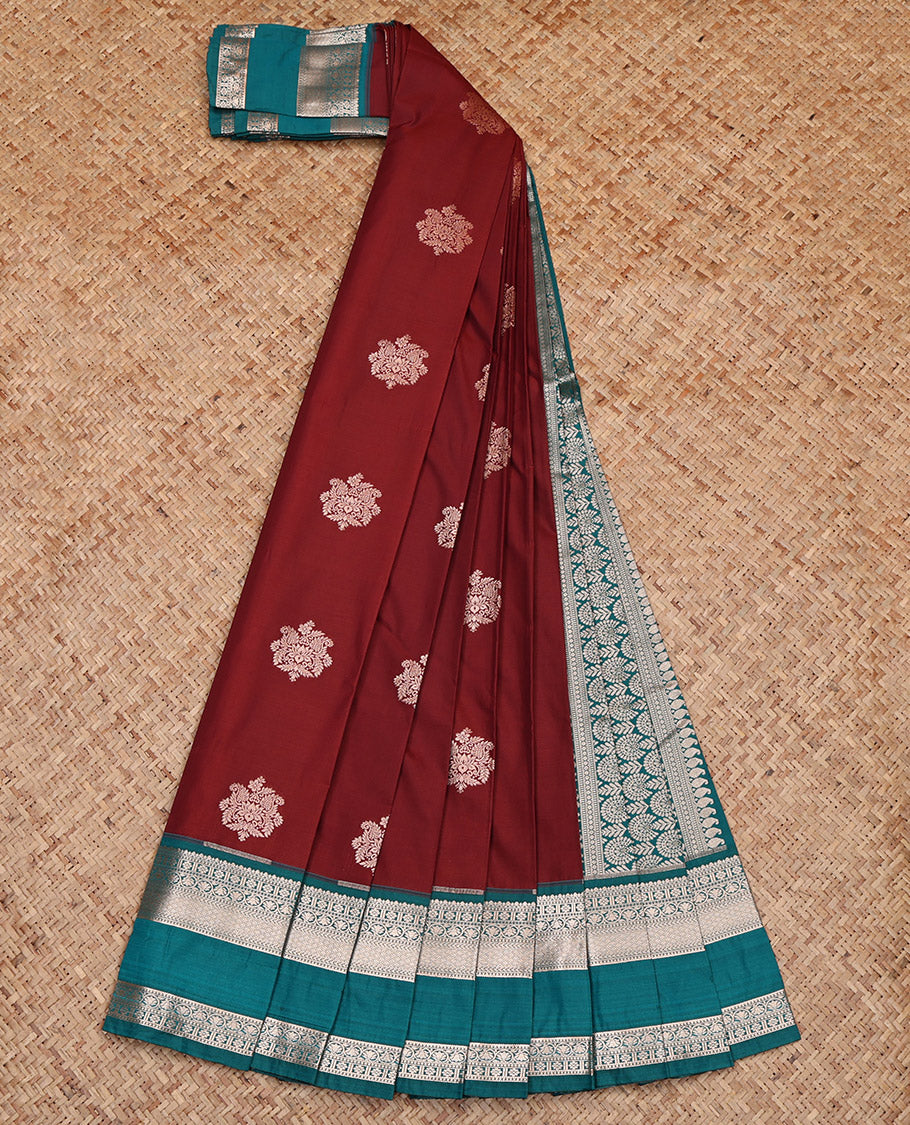 Maroon Budget Silk Saree, Decorated with Zari Buttas, Complemented by Contrast Traditional Rettai Pettu Border, Grand Pallu and a Contrast Blouse