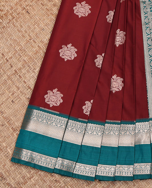 Maroon Budget Silk Saree, Decorated with Zari Buttas, Complemented by Contrast Traditional Rettai Pettu Border, Grand Pallu and a Contrast Blouse
