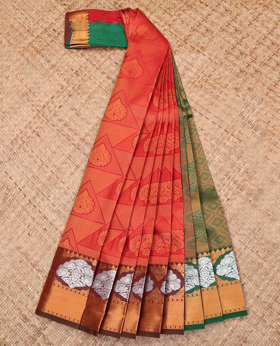 Red Budget Silk Saree, Crafted with Jacquard Design, Complemented by a Contrast Traditional Zari Border, Grand Pallu, and a Contrast Blouse