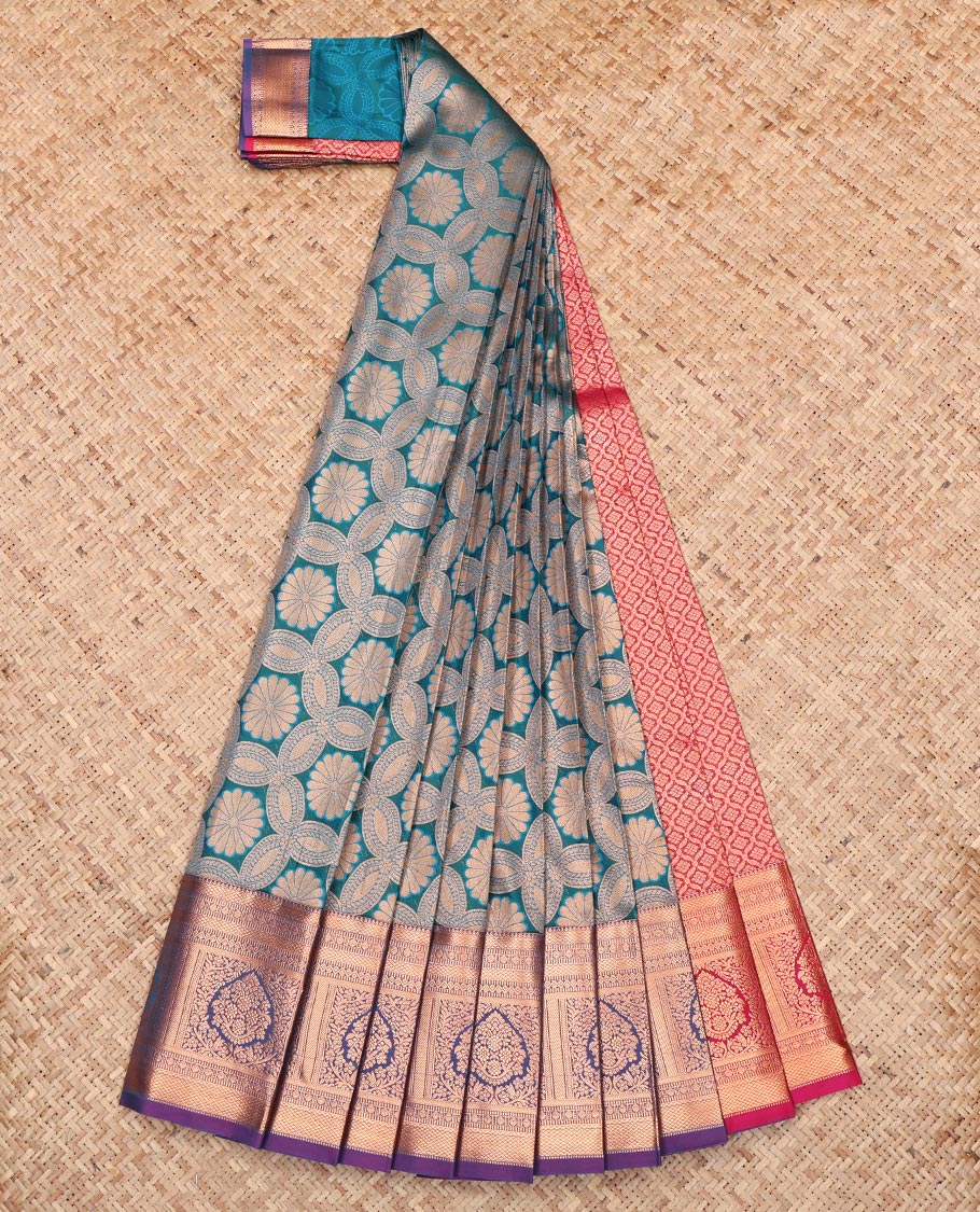 Blue Budget Silk Saree, Decorated with Jacquard Design, Complemented by a Contrast Traditional Zari Border, Grand Pallu, and Contrast Blouse