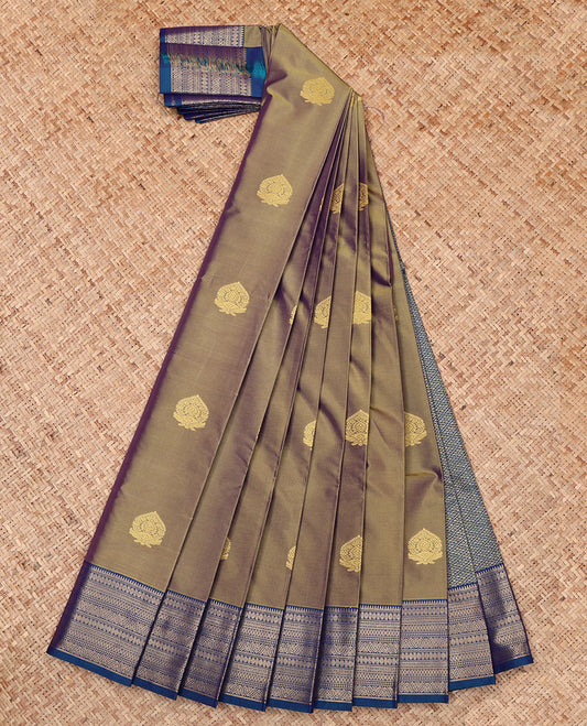 Green Budget Silk Saree, Graced with Zari Buttas, Complemented by a Contrast Traditional Zari Border, Jaal Pallu, and a Contrast Blouse