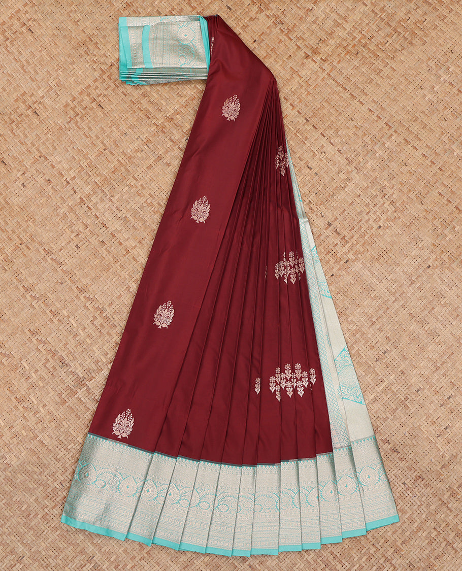 Maroon Budget Silk Saree, Masterfully Woven with Zari Buttas, Complemented by a Contrast Traditional Zari Border, Grand Pallu, and a Contrast Blouse