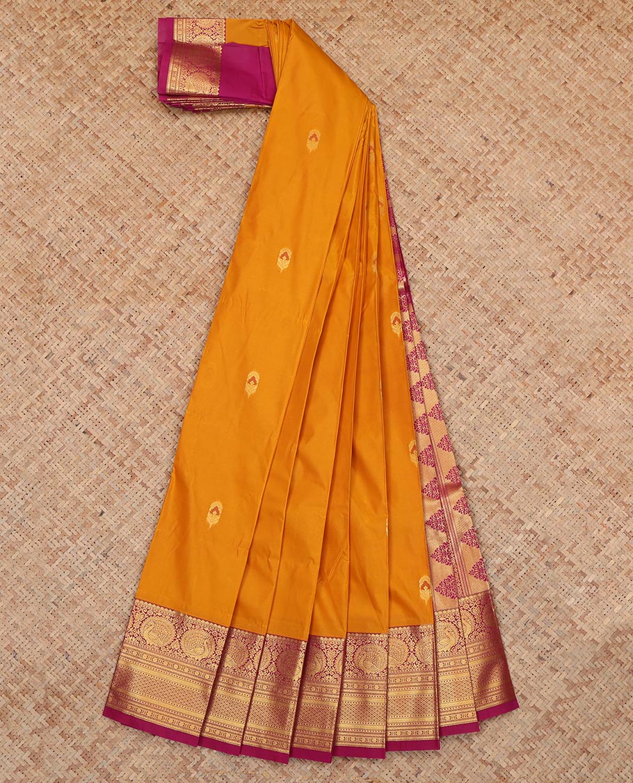 Yellow Budget Silk Saree, Enriched with Floral Buttas, a Contrast Traditional  Zari Border, a Grand Pallu and a Contrast Blouse