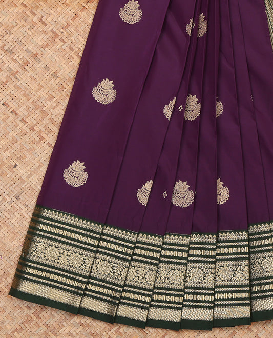 Purple Budget Silk Saree, Charmingly Accented with Zari Buttas, a Contrast Traditional Zari Border, Grand Geometric Pallu, and a Contrast Blouse