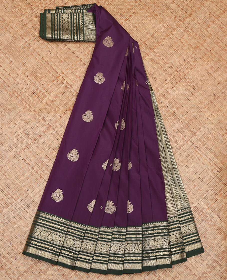 Purple Budget Silk Saree, Charmingly Accented with Zari Buttas, a Contrast Traditional Zari Border, Grand Geometric Pallu, and a Contrast Blouse