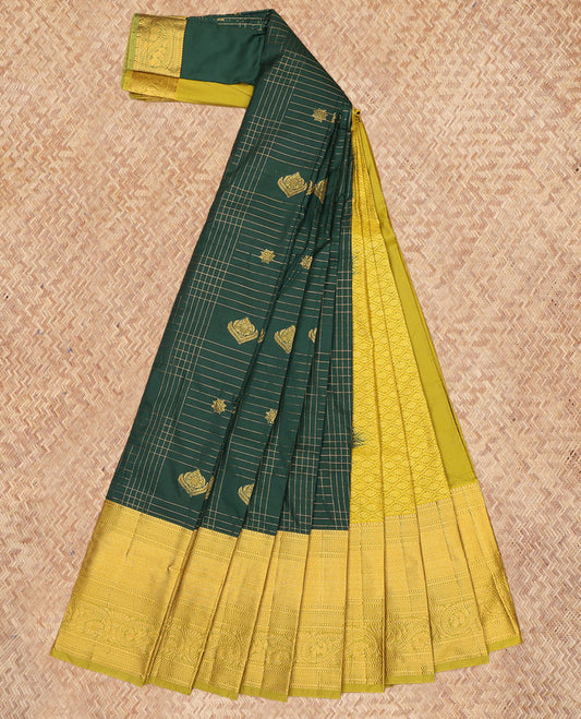 Green Budget Silk Saree, Accentuated with Zari Buttas Enclosed Checks, a Contrast Traditional Zari Border, Grand Pallu, and a Contrast Blouse