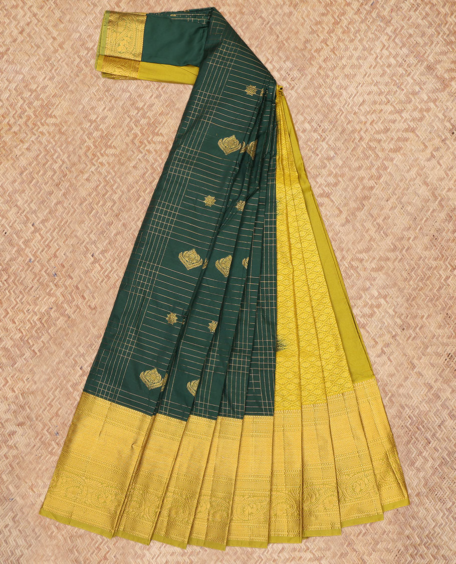 Green Budget Silk Saree, Accentuated with Zari Buttas Enclosed Checks, a Contrast Traditional Zari Border, Grand Pallu, and a Contrast Blouse