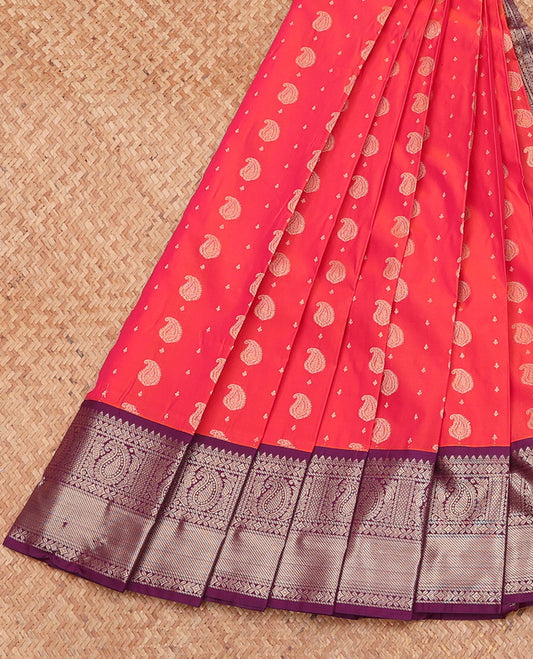 Orange Budget Silk Saree, Gleamed Up with Paisley Buttas, Complemented by a Contrast Traditional Zari Border, Grand Pallu, and a Contrast Blouse