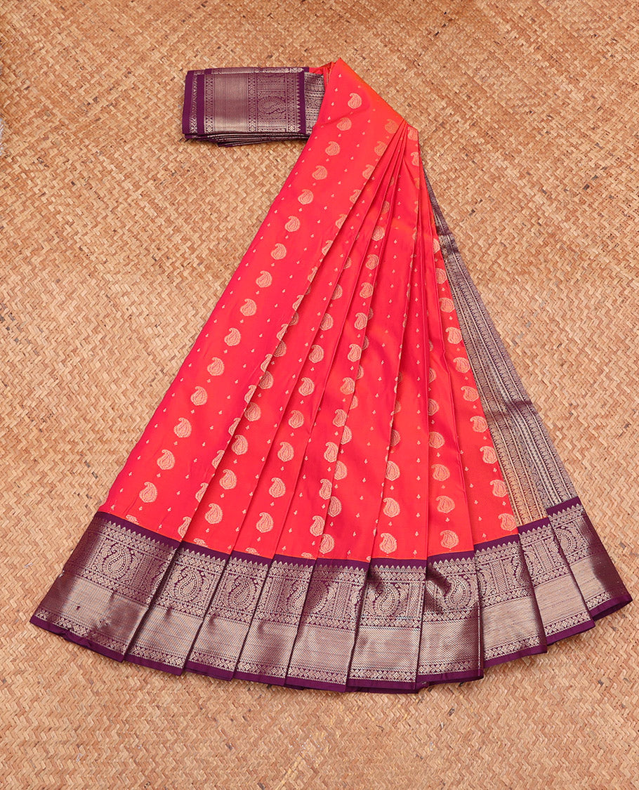 Orange Budget Silk Saree, Gleamed Up with Paisley Buttas, Complemented by a Contrast Traditional Zari Border, Grand Pallu, and a Contrast Blouse