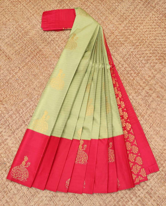 Pista Green Budget Silk Saree, Delicately Woven with Zari Buttas and Stripes, Complemented by Contrast Girl Zari Motif Border, a Grand Pallu and a Contrast Blouse