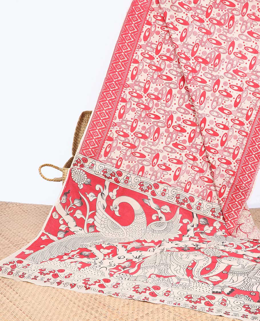 Pink geometric machine-printed kalamkari cotton saree, diamond border & God Krishna Radha motifs pallu