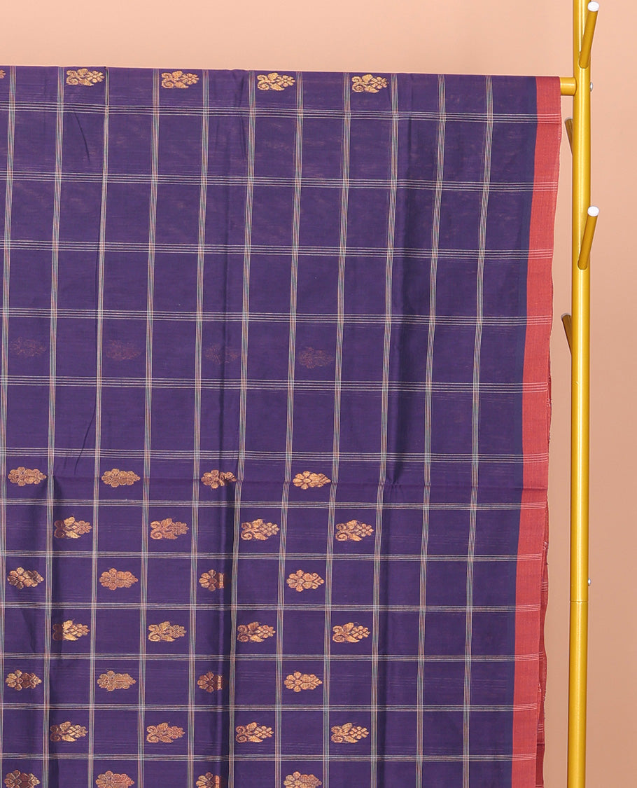 Blue Venkatagiri Cotton Saree Showcasing Buttas and Checks, a Contrast Zari-Thread Border, a Pallu of Stripes, and No Blouse