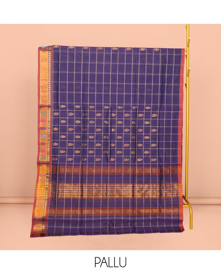 Blue Venkatagiri Cotton Saree Showcasing Buttas and Checks, a Contrast Zari-Thread Border, a Pallu of Stripes, and No Blouse