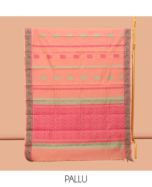 Peach Kanchi Cotton Saree, Woven with Buttas, Complemented by a Floral Creeper Border, Pallu of Butta Enclosed Checks, and a Matching Blouse