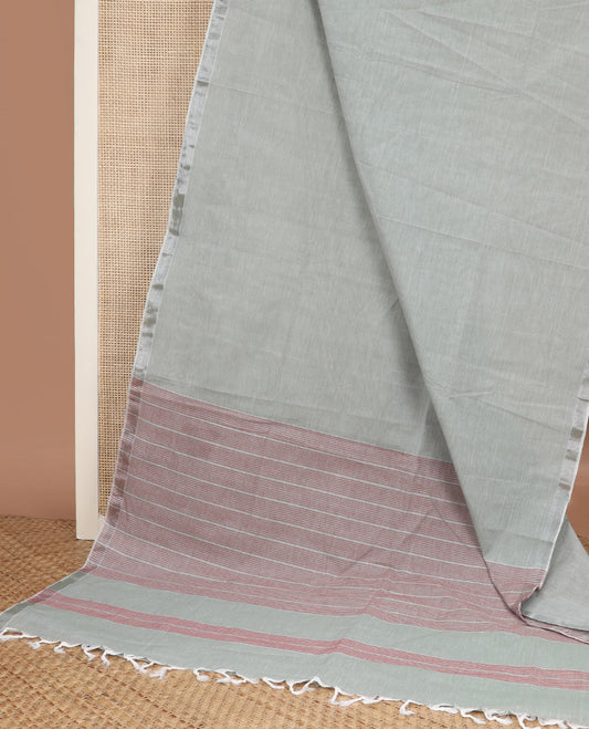 Grey color plain jute cotton saree, zari border & pallu of stripes