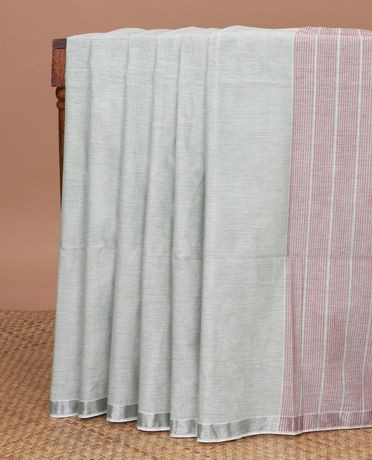 Grey color plain jute cotton saree, zari border & pallu of stripes