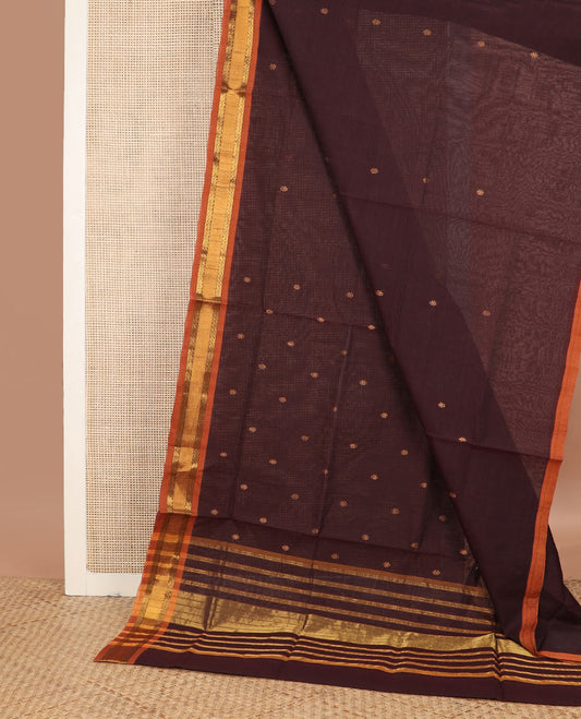 Chocolate brown zari buttas venkatagiri cotton saree, contrast traditional design zari border & pallu of zari stripes