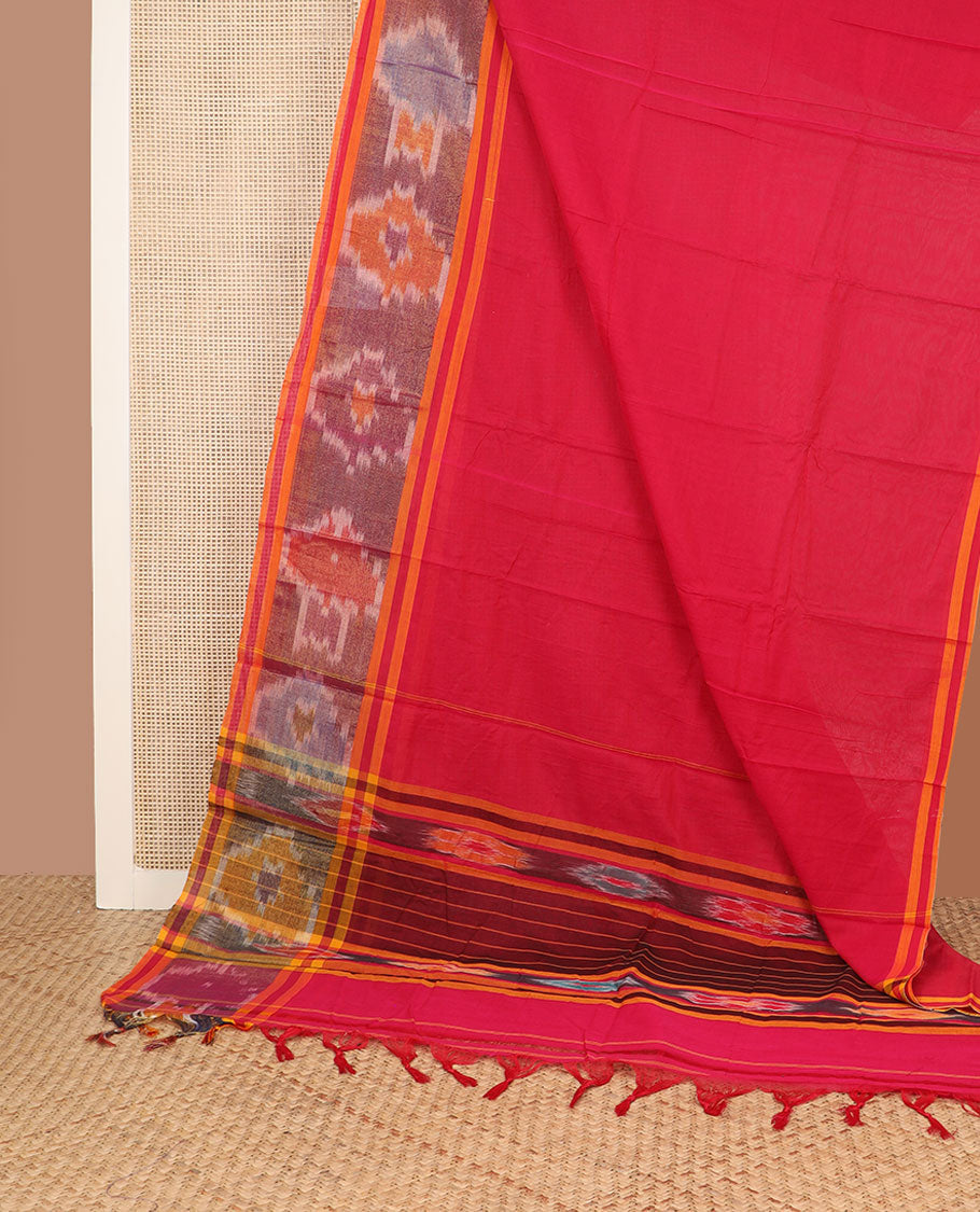 Red plain design Narayanpet cotton saree, contrast ikat design big border & striped pallu