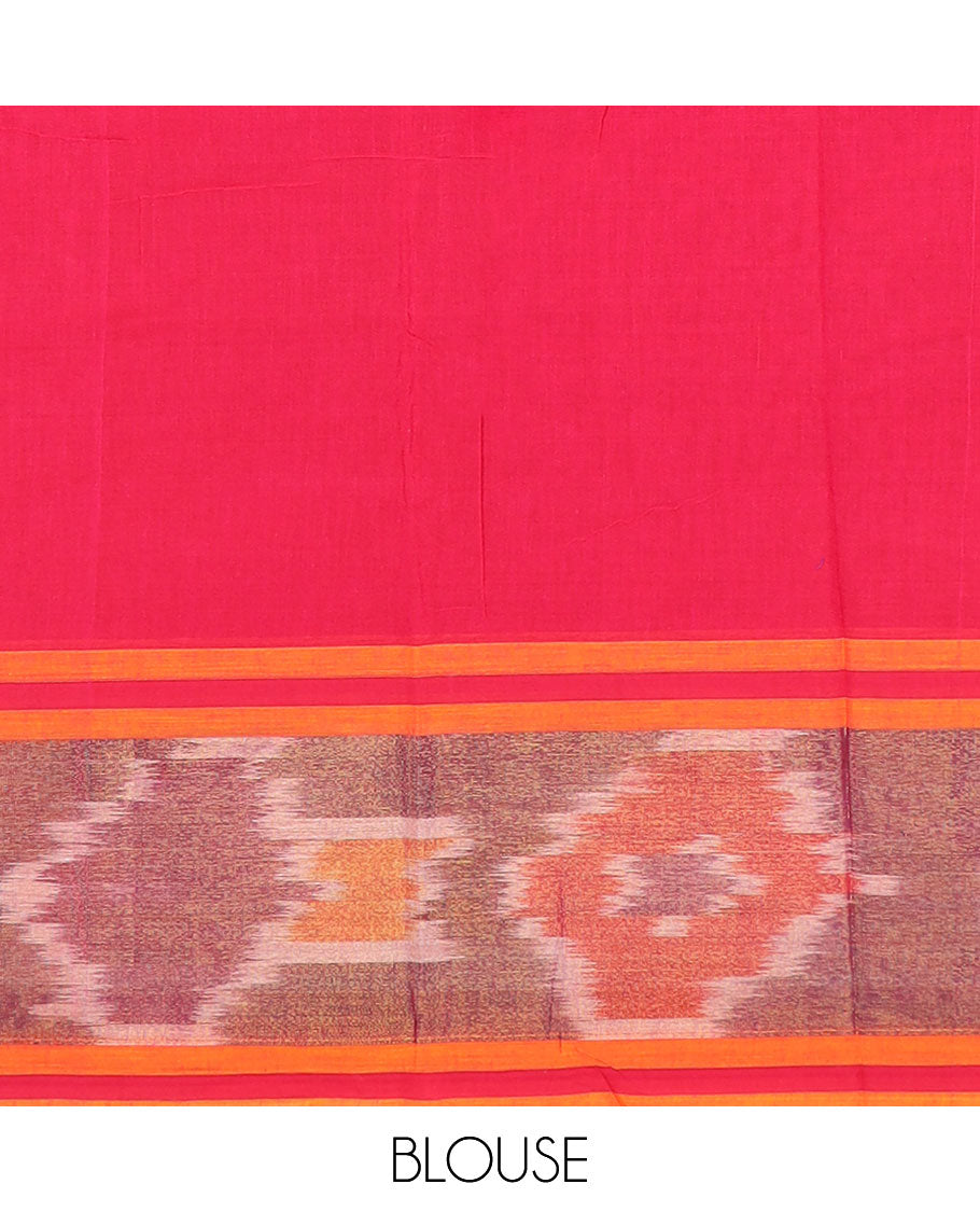 Red plain design Narayanpet cotton saree, contrast ikat design big border & striped pallu