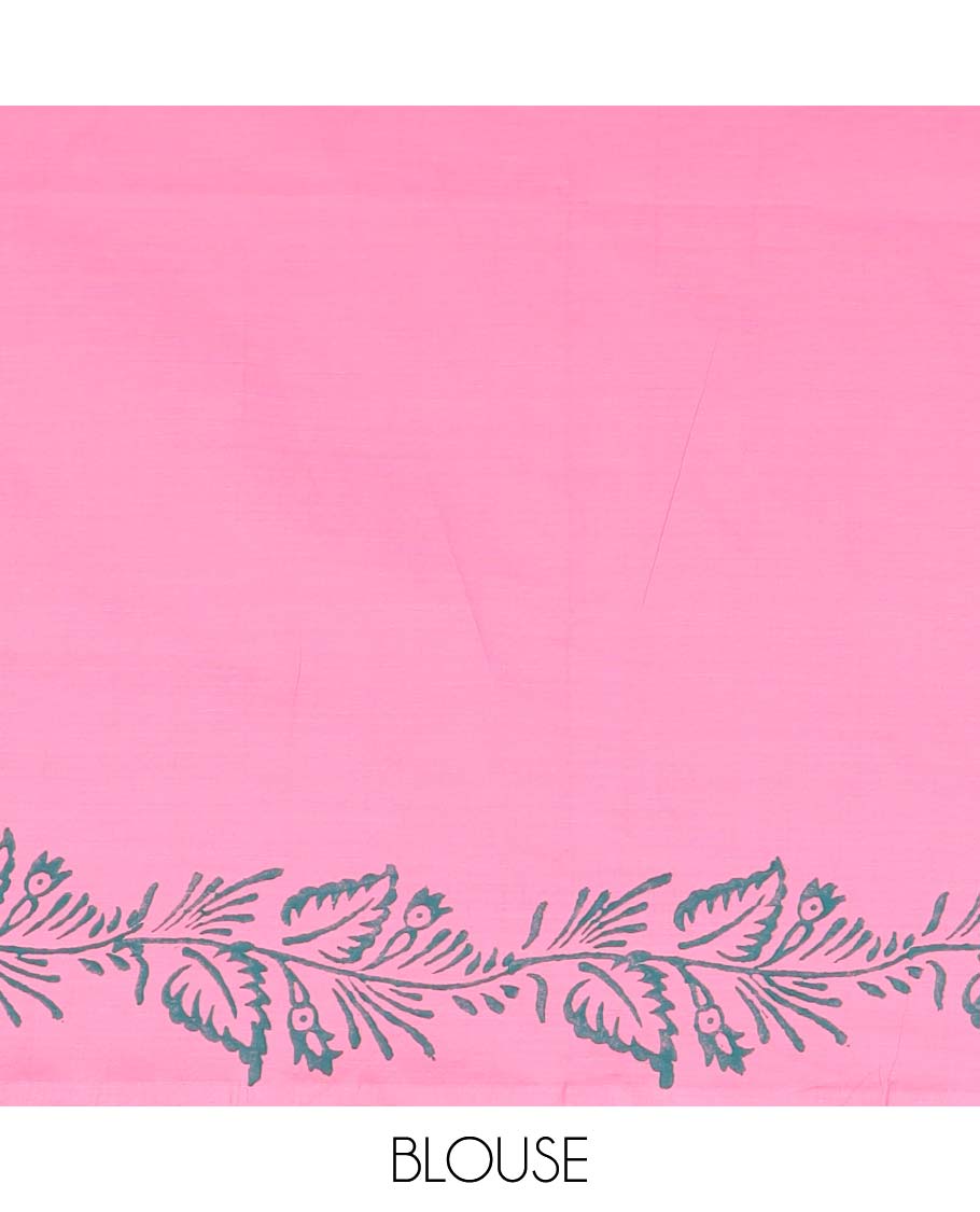 Borderless bright pink floral motifs printed poly cotton saree, floral printed pallu