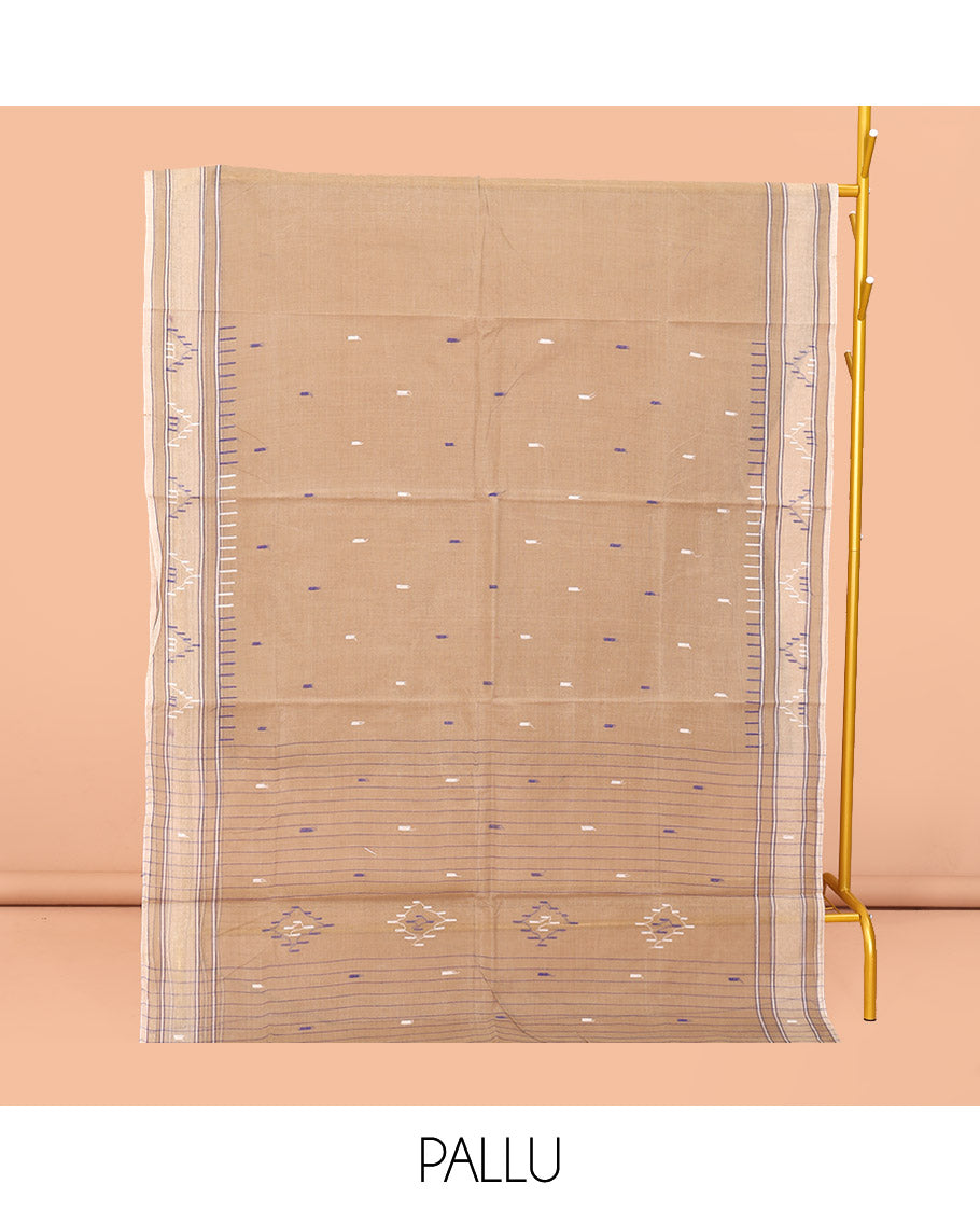 Pale Brown Bengal Cotton Saree, Delicately Woven with Thread Buttas, a Subtle Border, Pallu of Stripes and Buttas, and a Matching Blouse