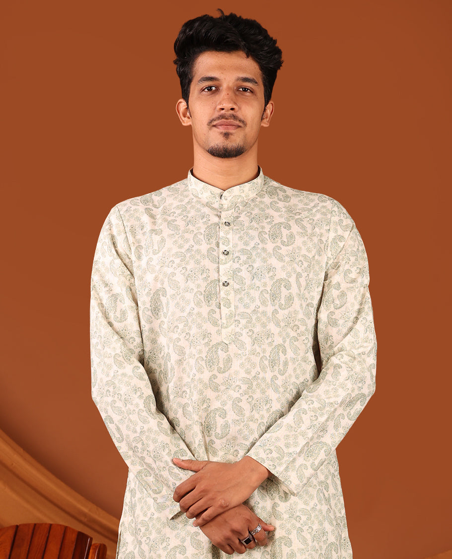 Cream-Green Men's Kurta