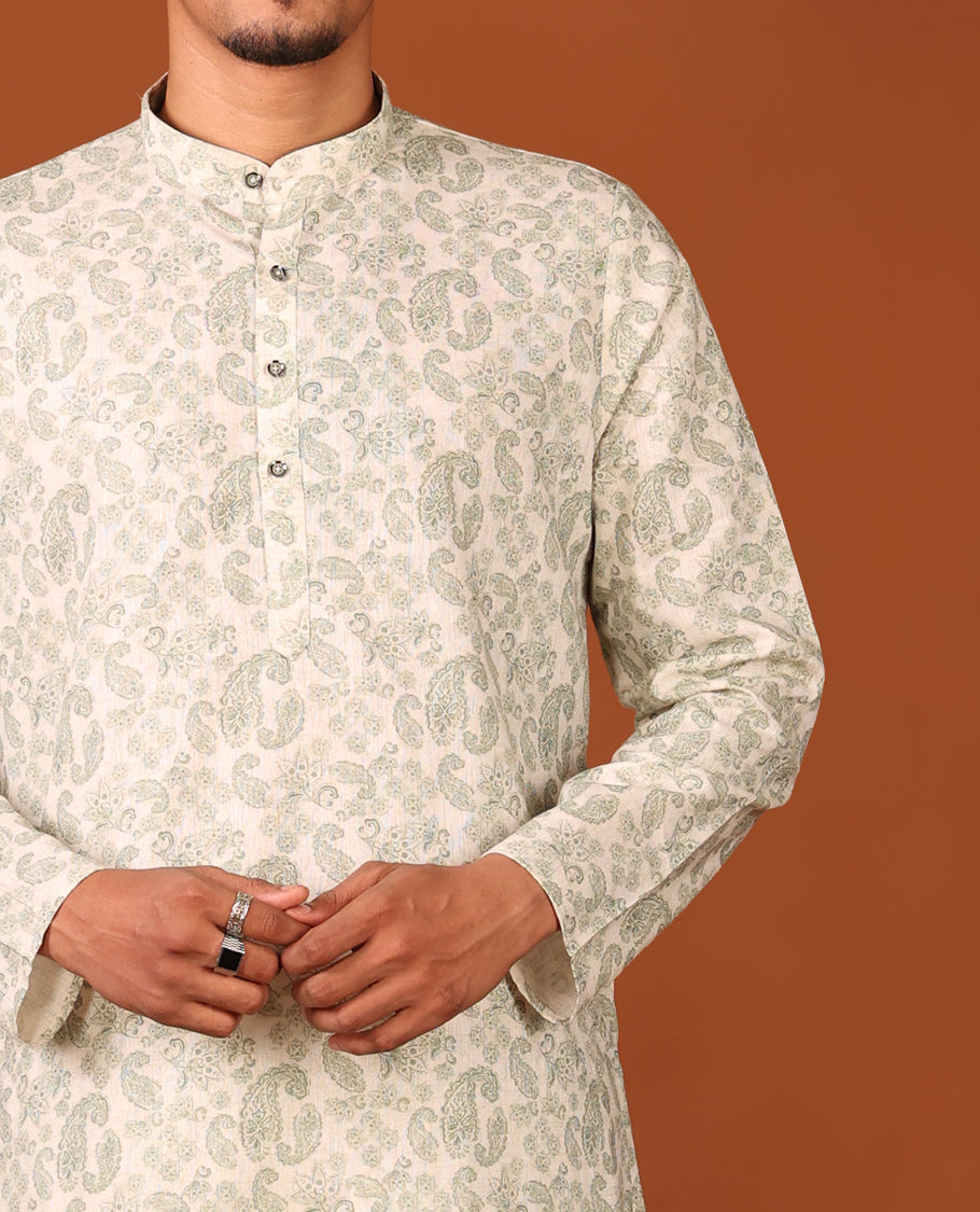 Cream-Green Men's Kurta