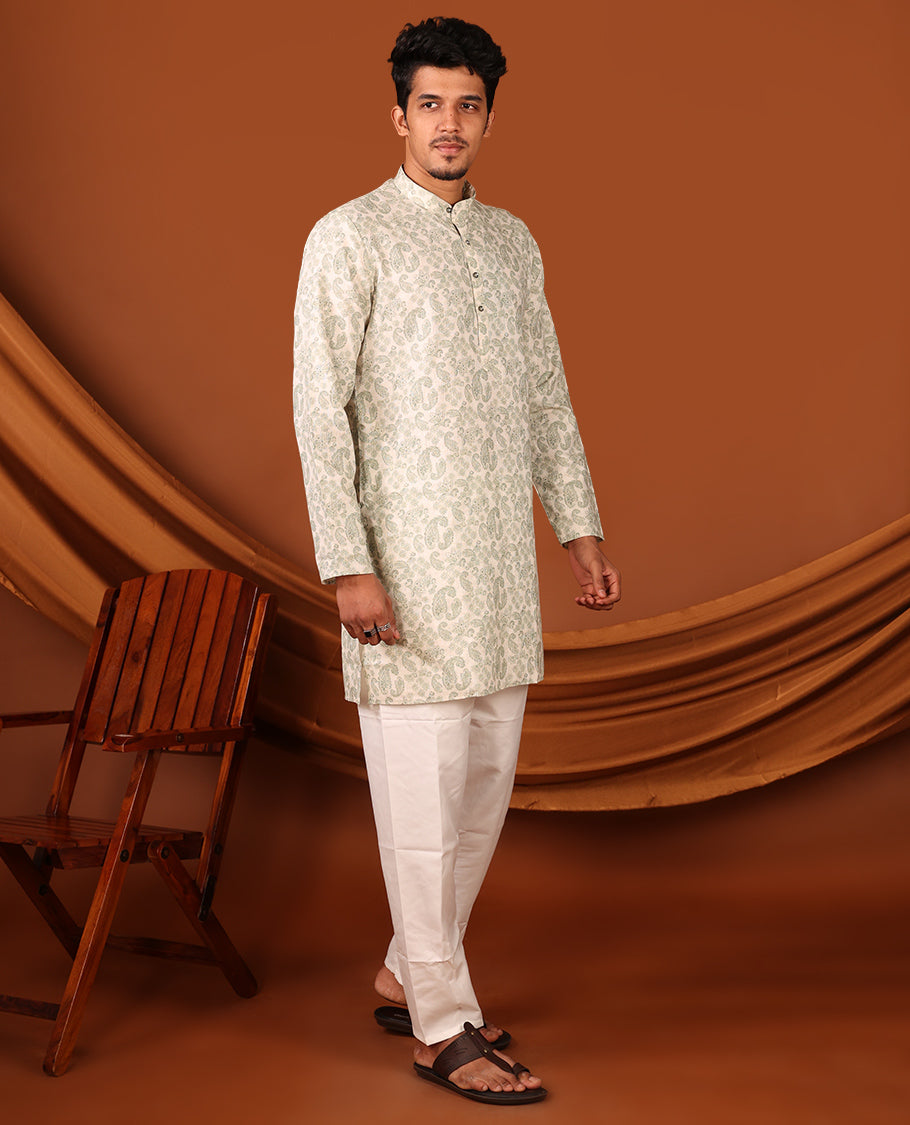 Cream-Green Men's Kurta