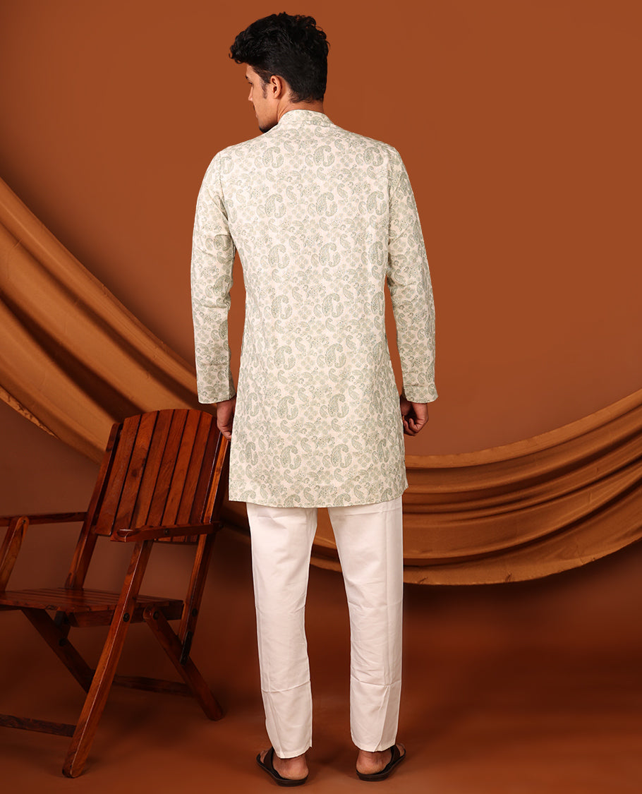 Cream-Green Men's Kurta