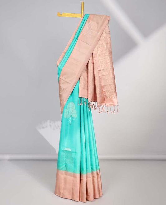 Green tree buttas soft silk saree with contrast zari border & floral zari design pallu