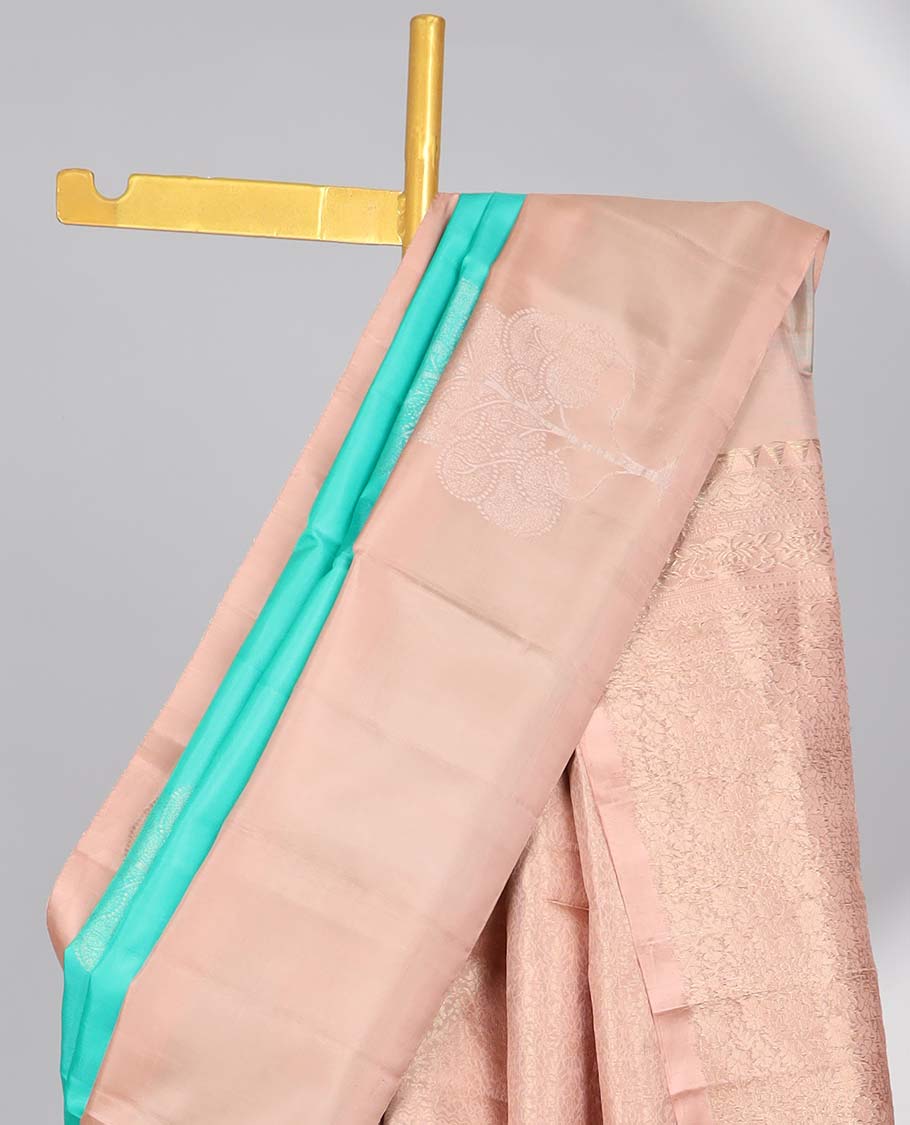 Green tree buttas soft silk saree with contrast zari border & floral zari design pallu
