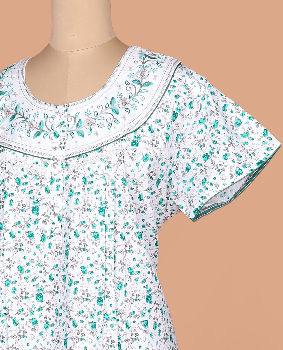White floral vine printed with neck floral embroidered half-sleeve round neck cotton nighty