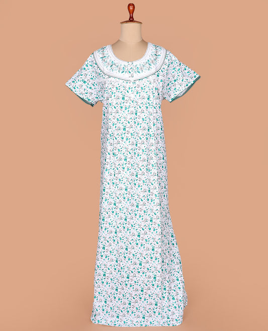 White floral vine printed with neck floral embroidered half-sleeve round neck cotton nighty