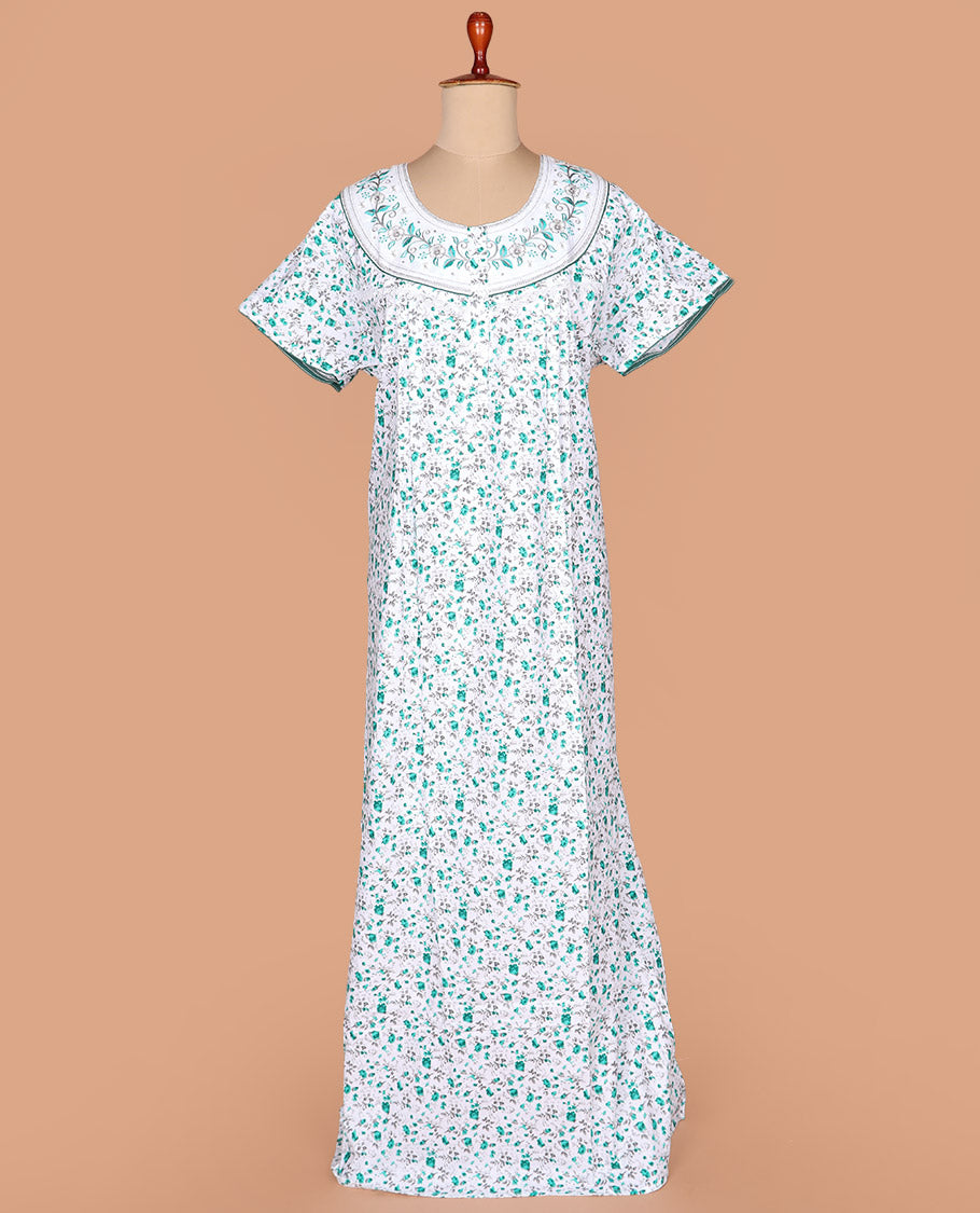 White floral vine printed with neck floral embroidered half-sleeve round neck cotton nighty