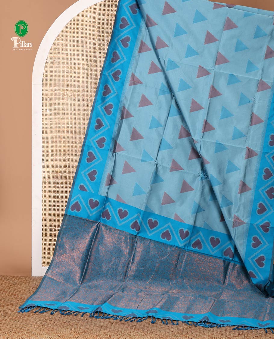 Blue pochampally triangle motifs mulberry silksaree,contrast pochampally design satin thread weave border & zari-rich intricate pallu