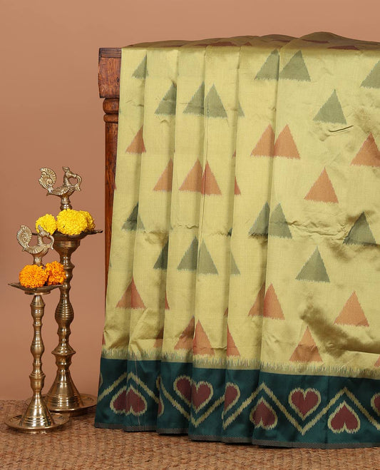 Pista green pochampally triangle motifs mulberry silksaree,contrast pochampally design satin thread weave border & zari-rich intricate pallu