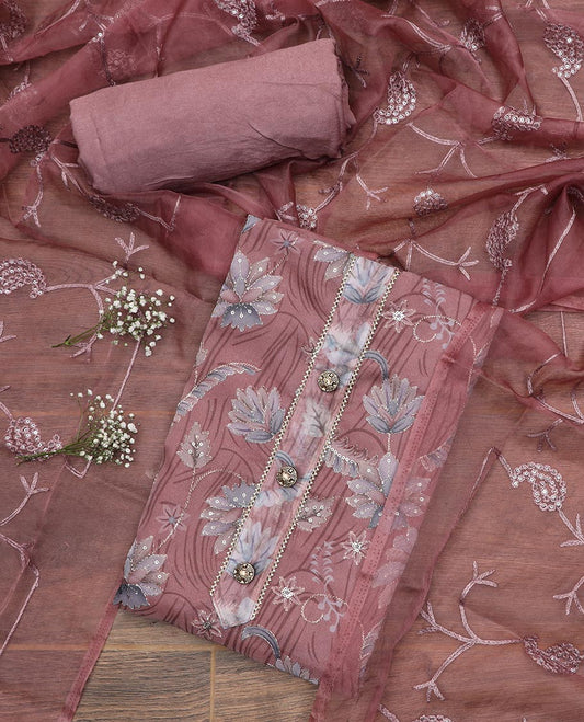 Rose wood pink material chudidar set, floral printed, outline thread embroidered with sequins work top, plain bottom and paisley vine sequins embroidered dupatta