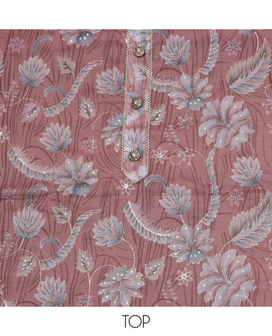 Rose wood pink material chudidar set, floral printed, outline thread embroidered with sequins work top, plain bottom and paisley vine sequins embroidered dupatta