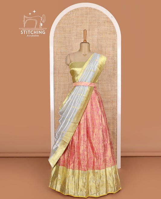 Pink art silk half-saree, floral vine design with contrast traditional zari bordered skirt, contrast jacquard blouse, and traditional motif dhavani