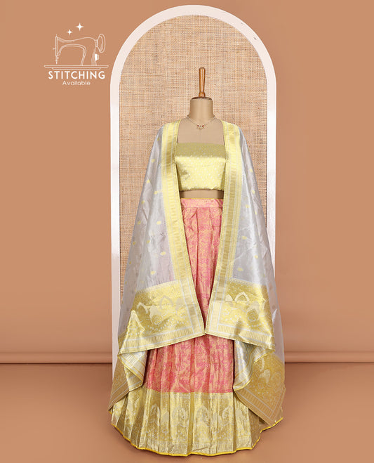 Pink art silk half-saree, floral vine design with contrast traditional zari bordered skirt, contrast jacquard blouse, and traditional motif dhavani