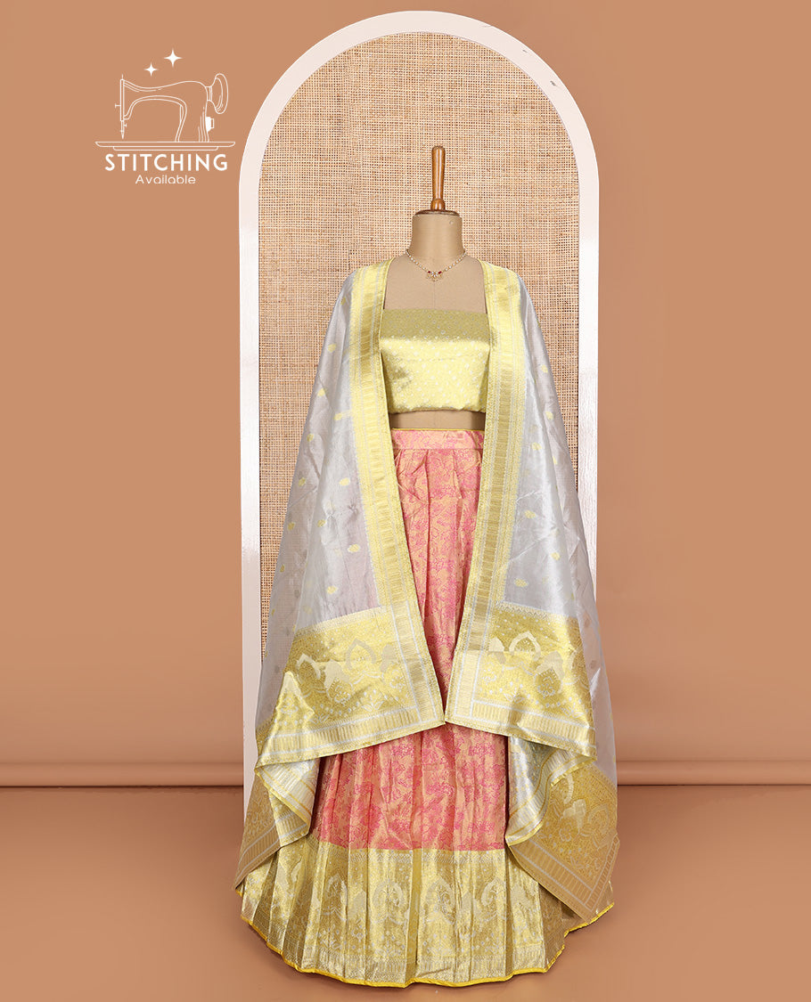 Pink art silk half-saree, floral vine design with contrast traditional zari bordered skirt, contrast jacquard blouse, and traditional motif dhavani