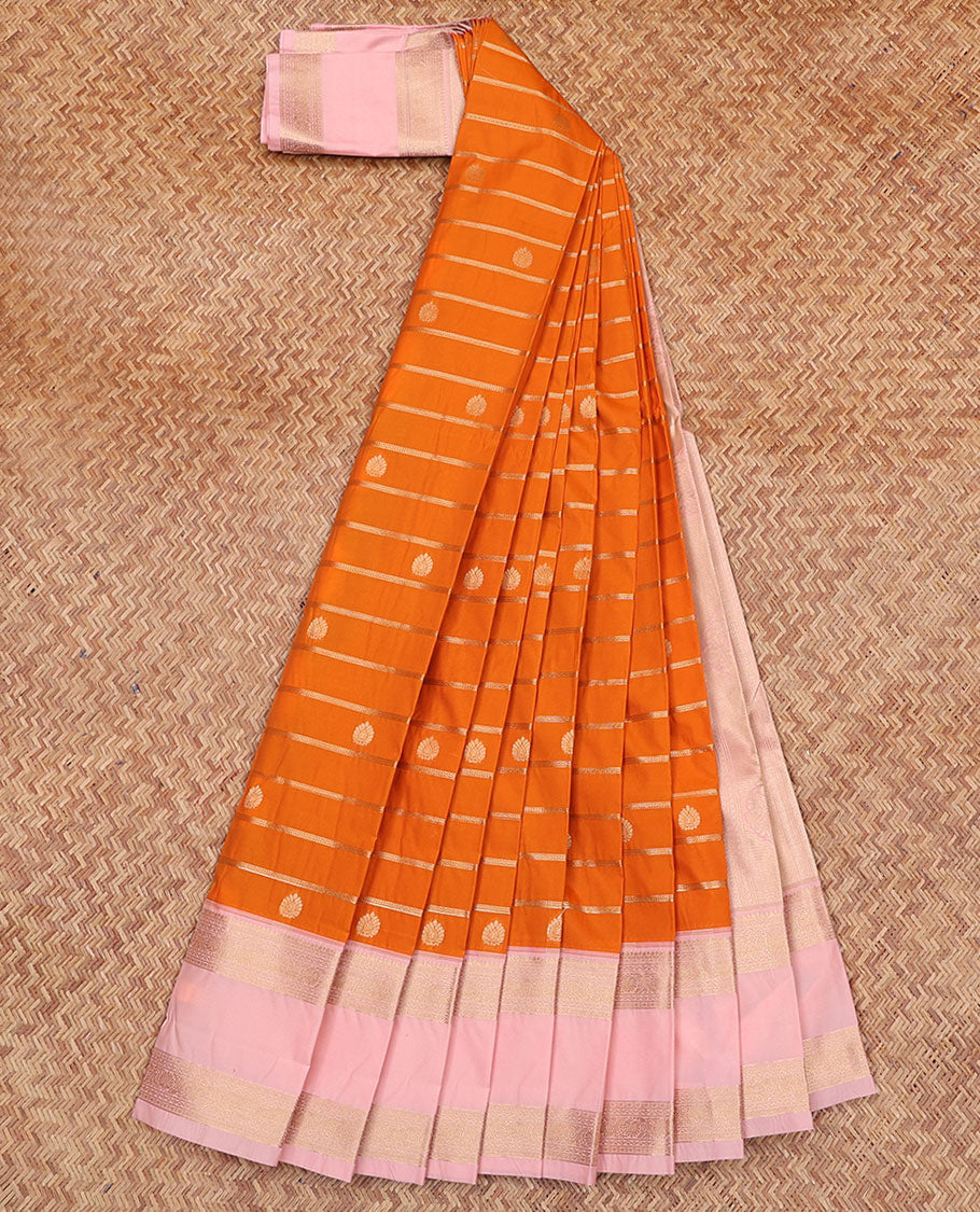 Orange Budget Silk Saree, Beautifully Bedecked with Zari Buttas and Zari Stripes All Over Its Body, Complemented by a Contrast Traditional Zari Design Rettai Pettu Border, Gleaming Pallu of Intricate Designs, and Paired with a Contrast Blouse