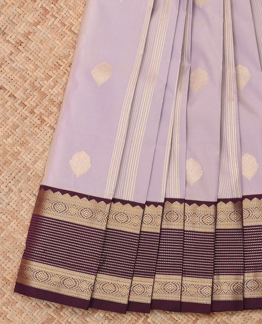 Grey Budget Silk Saree, Woven with Zari Buttas and Stripes, a Contrast Traditional Zari Border, Grand Pallu, and a Contrast Blouse