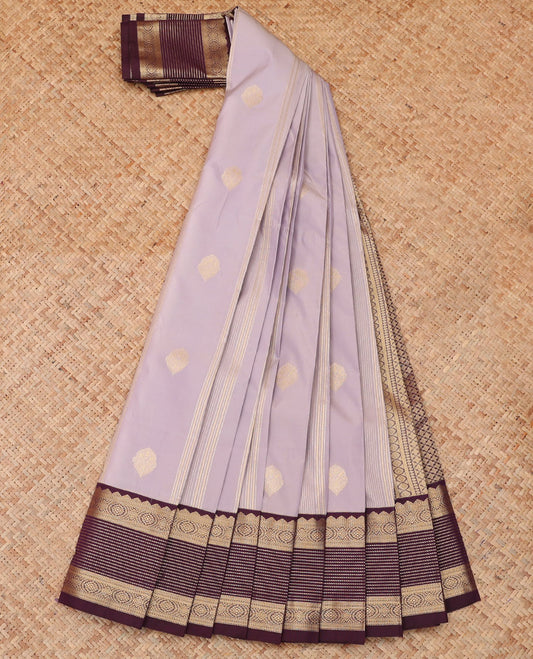 Grey Budget Silk Saree, Woven with Zari Buttas and Stripes, a Contrast Traditional Zari Border, Grand Pallu, and a Contrast Blouse